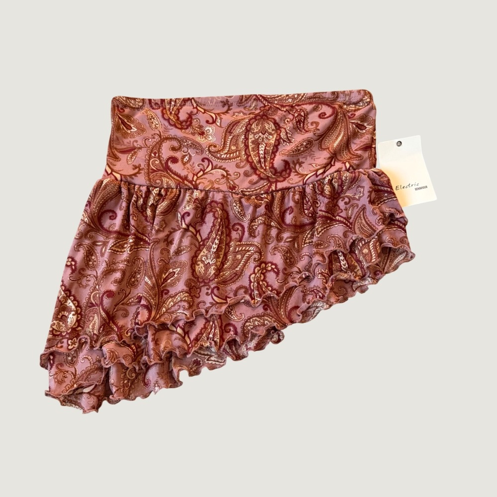 Mini Skirt M Paisley Mesh Ruffle Asymmetrical Pink Boho